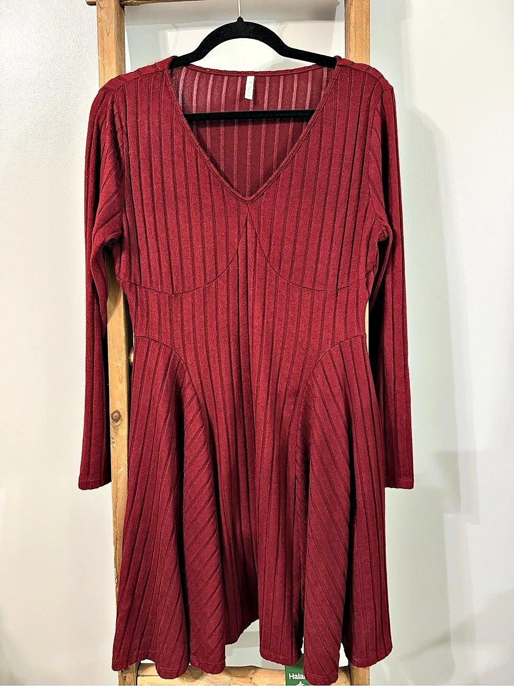 Halara Ribbed Knit V-Neck Long Sleeve Flare Mini Casual Dress Large